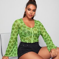 Зеленый Лайм Чистый Со цветочками Повседневный Женские топы размер плюс Shein