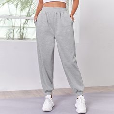 Однотонные спортивные брюки с эластичной талией Shein