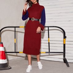 Контрастное платье-свитер с высоким воротником без пояса Shein