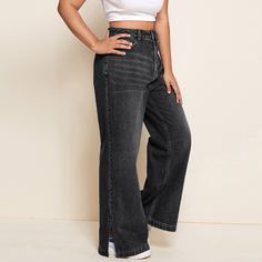 Широкие джинсы размера плюс с разрезом без пояса Shein