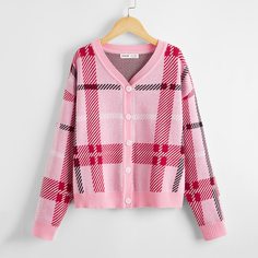 Пуговица Клетка Повседневный Кардиганы для девочек Shein