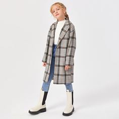 с карманами Клетчатый Повседневный Пальто для девочек Shein