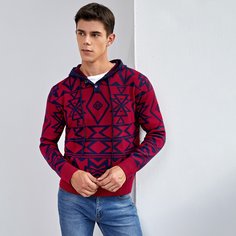 Мужской свитер с капюшоном и карманом с геометрическим рисунком Shein