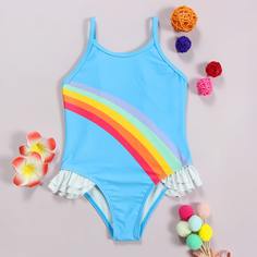 Слитный купальник в радужную полоску для девочек Shein