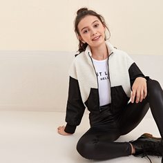 Контрастная плюшевая куртка на молнии для девочек Shein