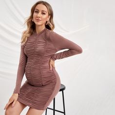 со сборками Одноцветный Элегантный Платья для беременных Shein