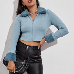 Вязаная короткая куртка в рубчик на молнии Shein