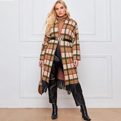 Кардиган размера плюс в клетку с бахромой без пояса Shein