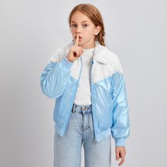 на молнии Контрастный цвет Повседневный Куртки для девочек Shein