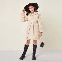 Пальто с капюшоном и поясом для девочек Shein