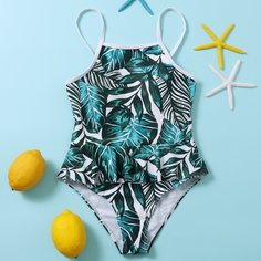 Слитный купальник с тропическим принтом для девочек Shein