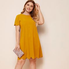 Однотонное платье размера плюс с фестончатым краем Shein