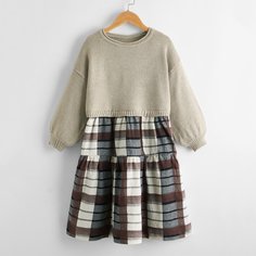 С оборками Клетка Повседневный Трикотажные платья для девочек Shein