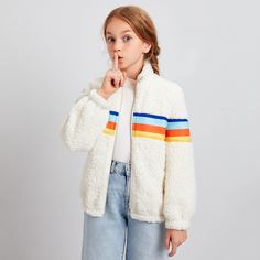 на молнии Радужные полосы Повседневный Куртки для девочек Shein