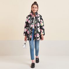 Ватное пальто с цветочным принтом и текстовой лентой для девочек Shein