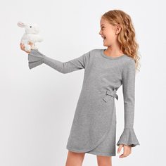 с оборками Одноцветный Повседневный Трикотажные платья для девочек Shein
