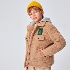 Плюшевая куртка с карманом и контрастным капюшоном для мальчиков Shein