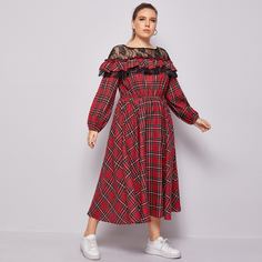 Платье размера плюс в клетку с рукавами фонариками и кружевной вставкой Shein