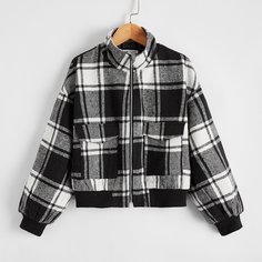 Куртка на молнии в клетку для девочек Shein