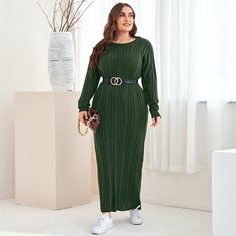 трикотажный Одноцветный Повседневный Свитер-платье размер плюс Shein