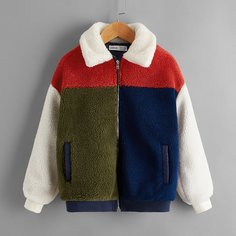 Контрастная плюшевая куртка для девочек Shein