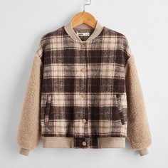 с карманами Клетчатый Повседневный Куртки для девочек Shein
