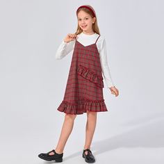 Футболка и платье на бретельках в клетку для девочек Shein