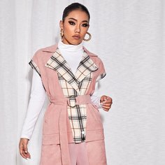 Вельветовое пальто в клетку с поясом Shein
