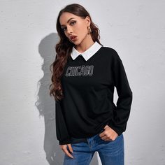 Контрастный воротник буква Повседневный Свитшоты Shein