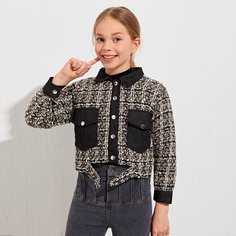 с карманами Клетчатый Повседневный Куртки для девочек Shein