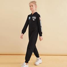 Комбинезон с капюшоном,текстовым принтом и молнией для девочек Shein