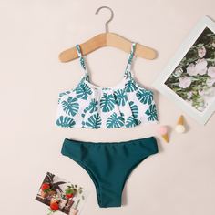 Преувеличенное кружево Тропический Бохо Купальники для девочек Shein