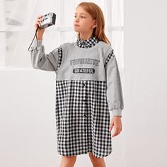 Пуговица Клетка Повседневный Платья для девочек Shein