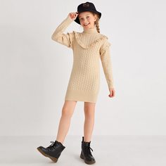 с оборками Одноцветный Повседневный Трикотажные платья для девочек Shein