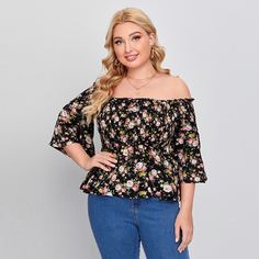 С оборками цветочный Бохо Блузы размер плюс Shein
