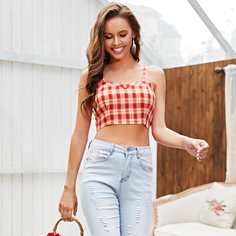 Короткий топ со складками в клетку Shein