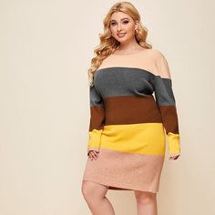 Контрастный цвет Повседневный Свитер-платье размер плюс Shein