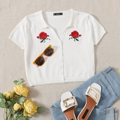 с вышивкой Со цветочками Повседневный Кардиганы Shein