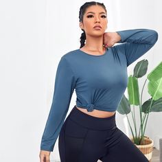 с разрезом Одноцветный Спортивные топы размера плюс Shein