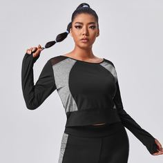 Контрастная сетка Контрастный цвет Спортивные топы размера плюс Shein