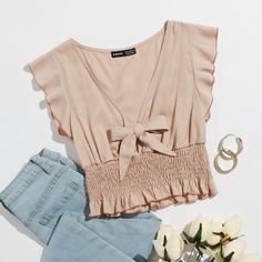 с оборками Одноцветный Бохо Блузы Shein