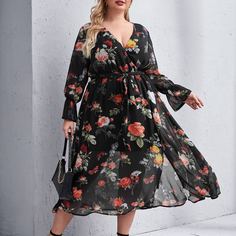 с оборками Цветочный Повседневный Платья размер плюс Shein