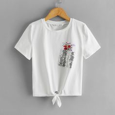 Карман Цветочный Повседневный Футболки для девочек Shein