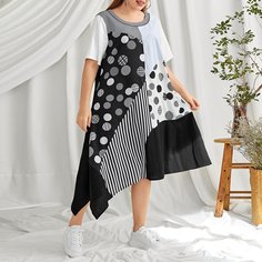 Асимметричный Клетчатый Повседневный Платья размер плюс Shein