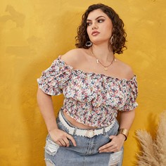 Короткий топ размера плюс с открытыми плечами и цветочным принтом Shein