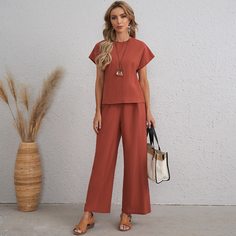 Однотонный топ и брюки-палаццо Shein