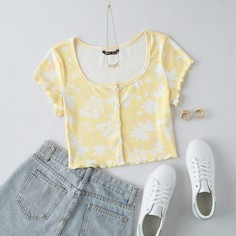 Волнистый край Со цветочками Повседневный Женские топы Shein