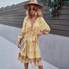 с поясом Цветочный принт Бохо Платье Shein