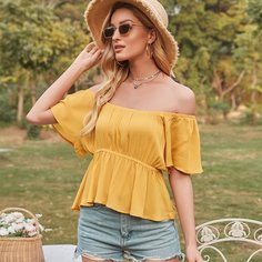 С оборками Одноцветный Бохо Блузы Shein