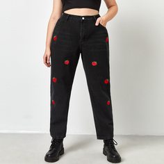 Джинсы размера плюс с высокой талией и вышивкой Shein